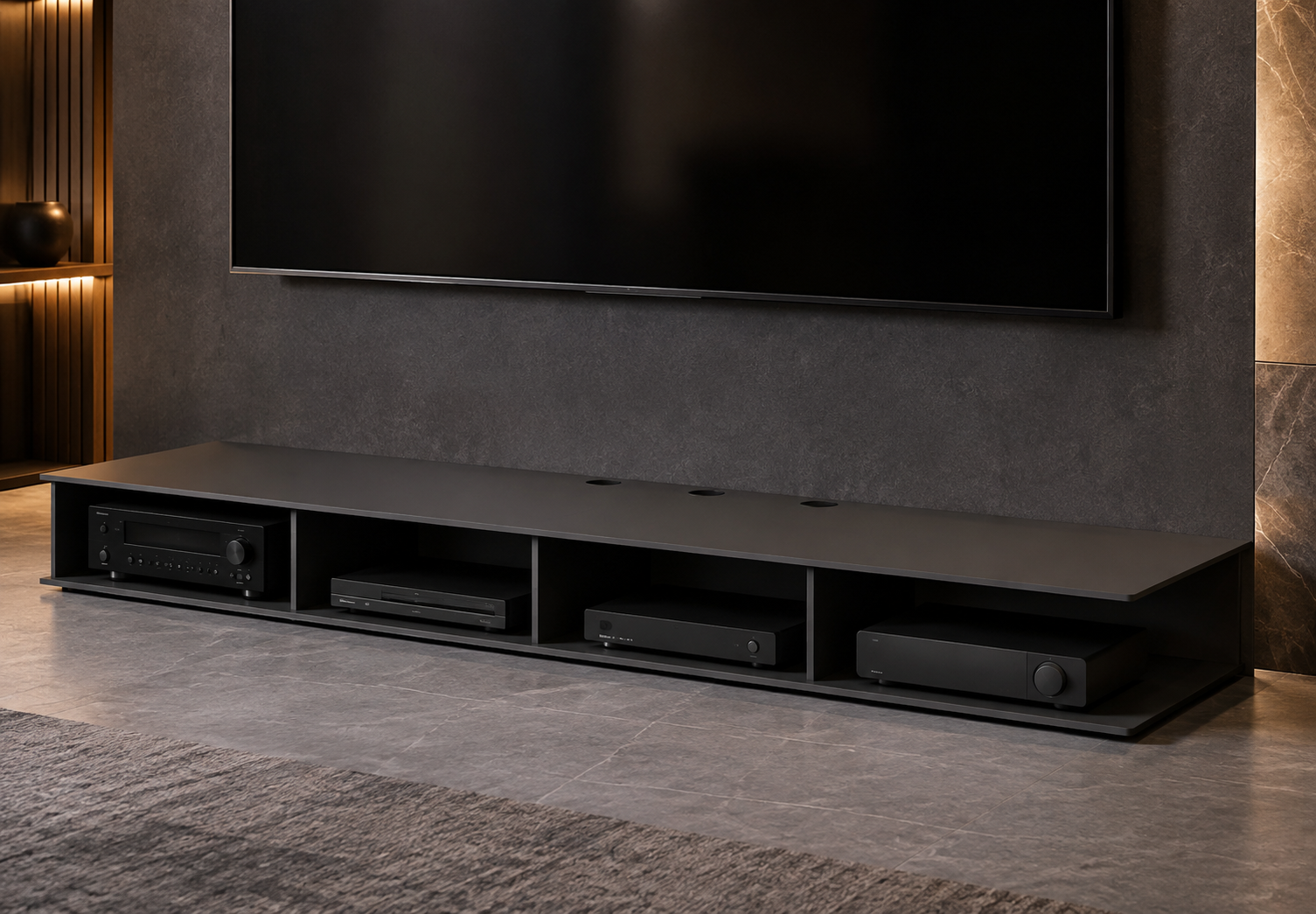 Concept render of a low-profile custom steel TV shelf with four open media bays