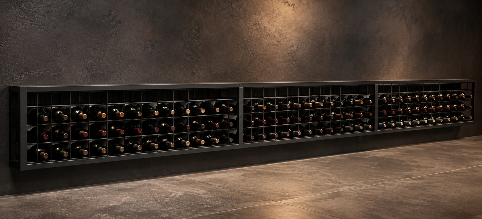 Concept render of a long custom steel wine rack filled with wine bottles