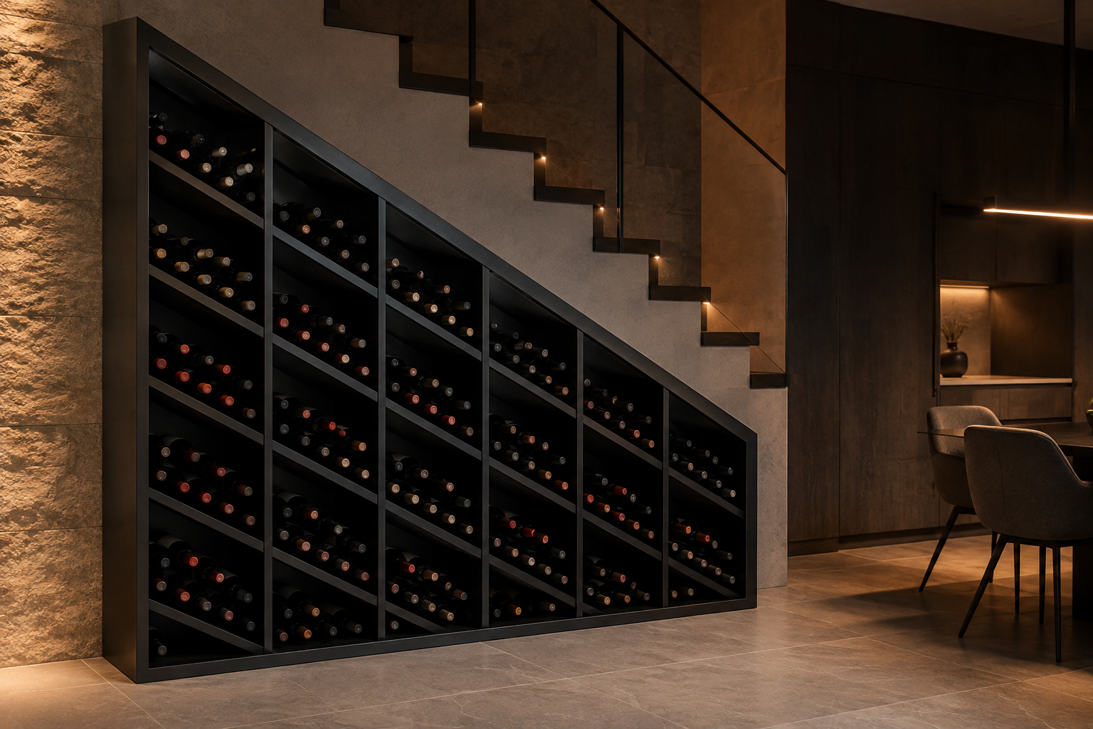 Concept render of a sloped under-stair steel wine rack filled with wine bottles