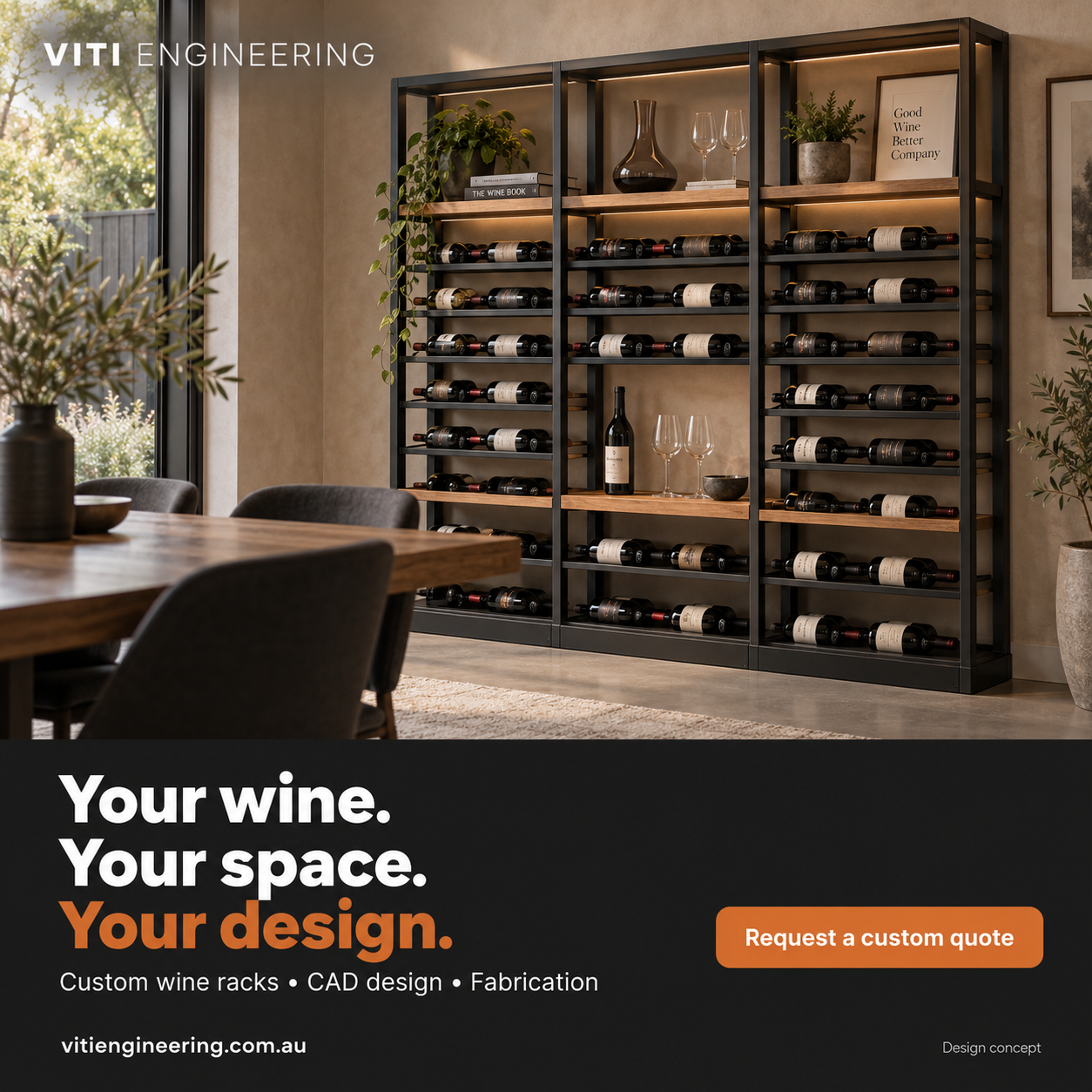 Design concept of a charcoal steel wine display with timber ledges in a warm dining room.