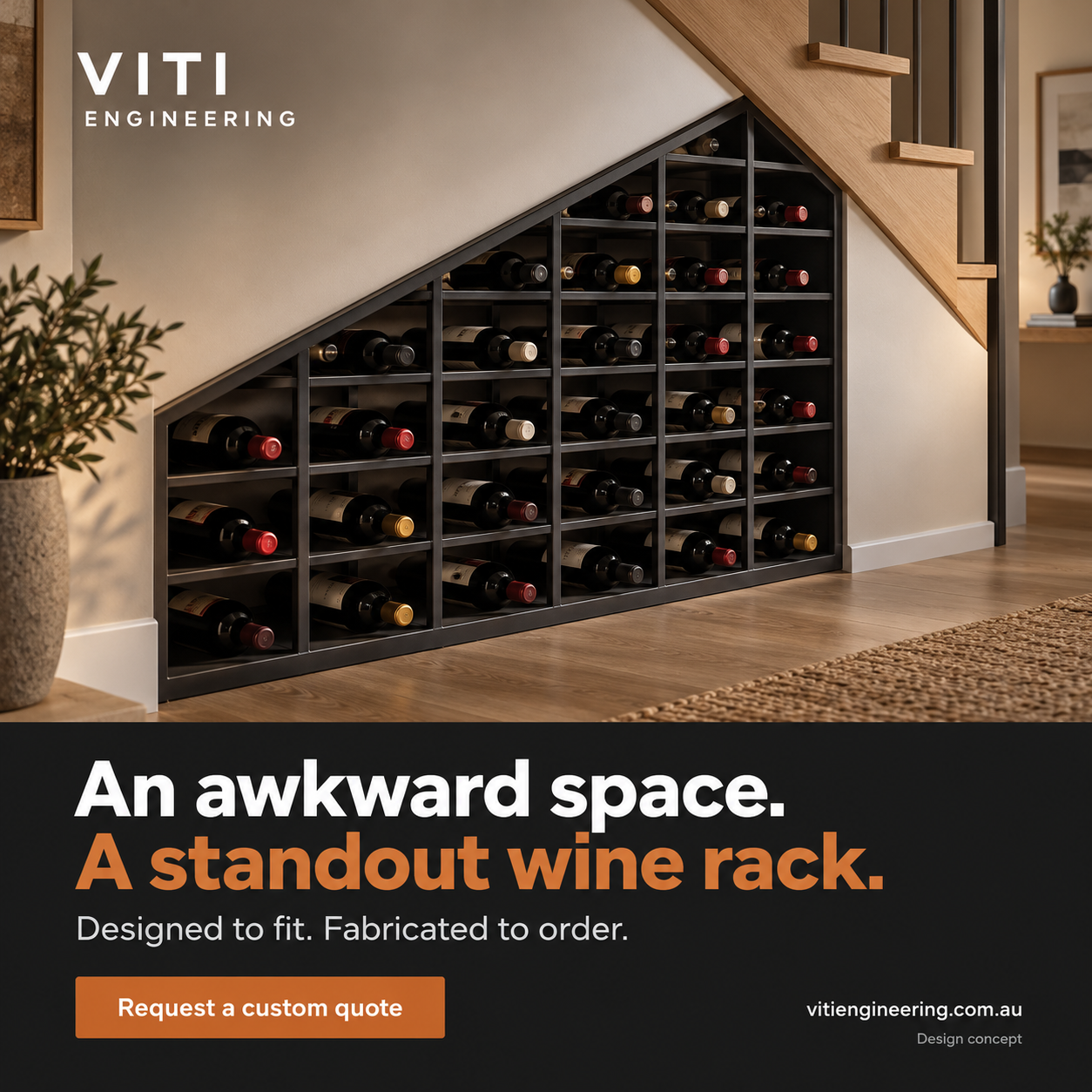 Design concept of a sloped charcoal steel wine rack fitted beneath a timber stair.