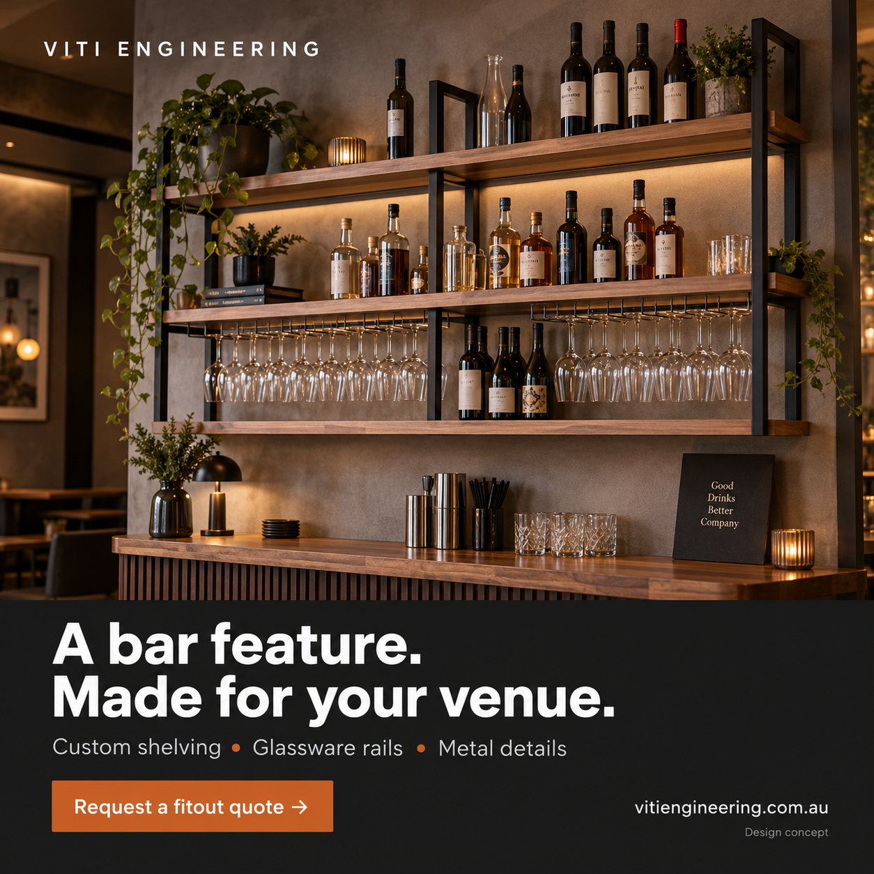 Design concept of metal and timber back-bar shelves holding bottles and suspended wine glasses.
