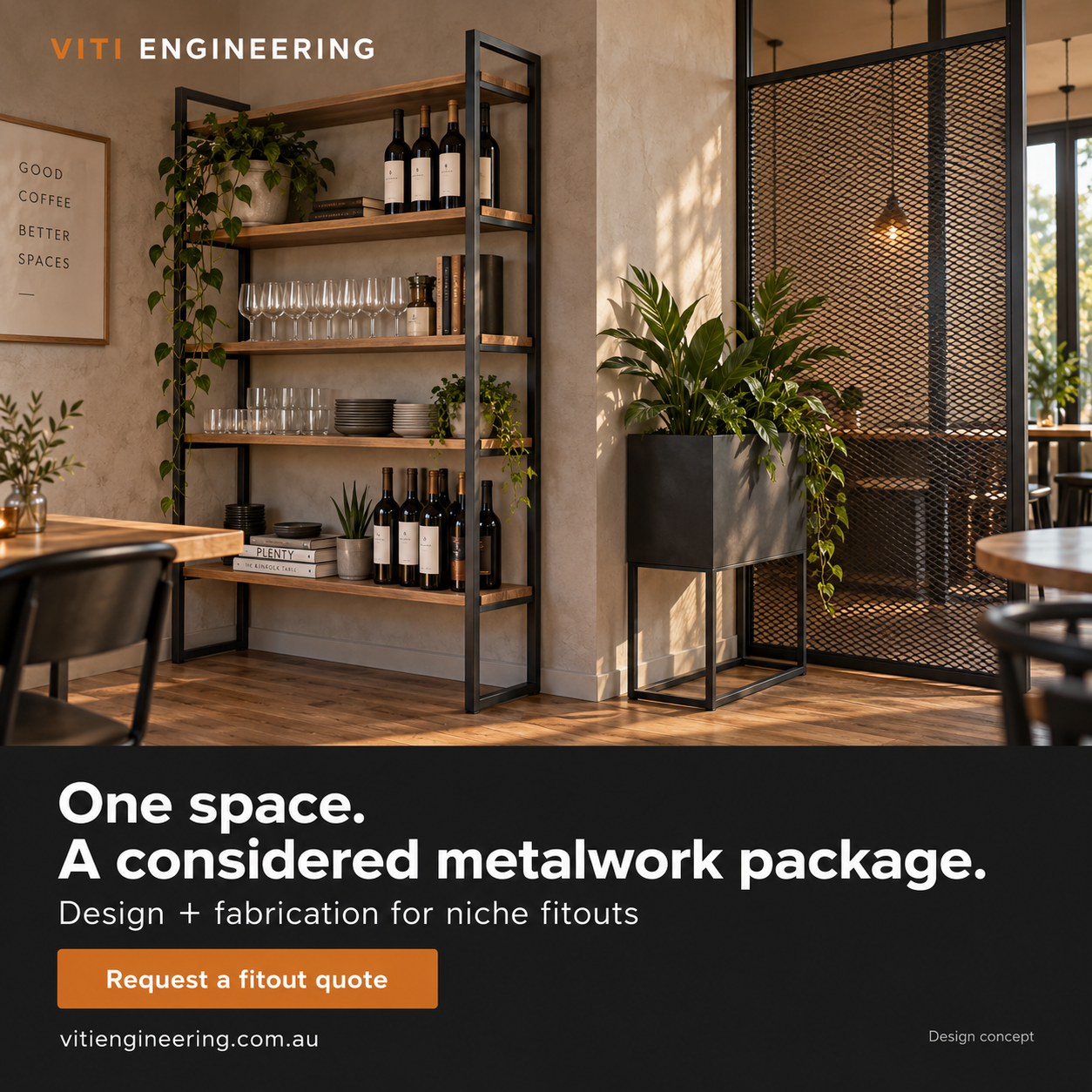 Design concept of coordinated cafe shelving, a raised planter and a framed mesh screen.