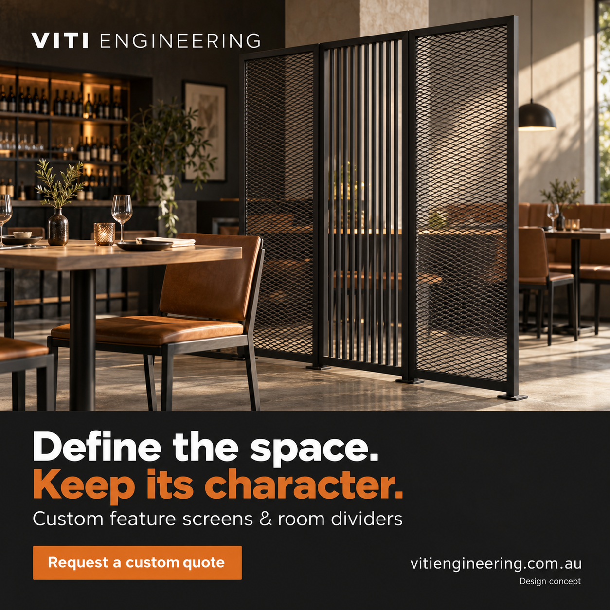 Design concept of a decorative fabricated metal screen defining a seating area.