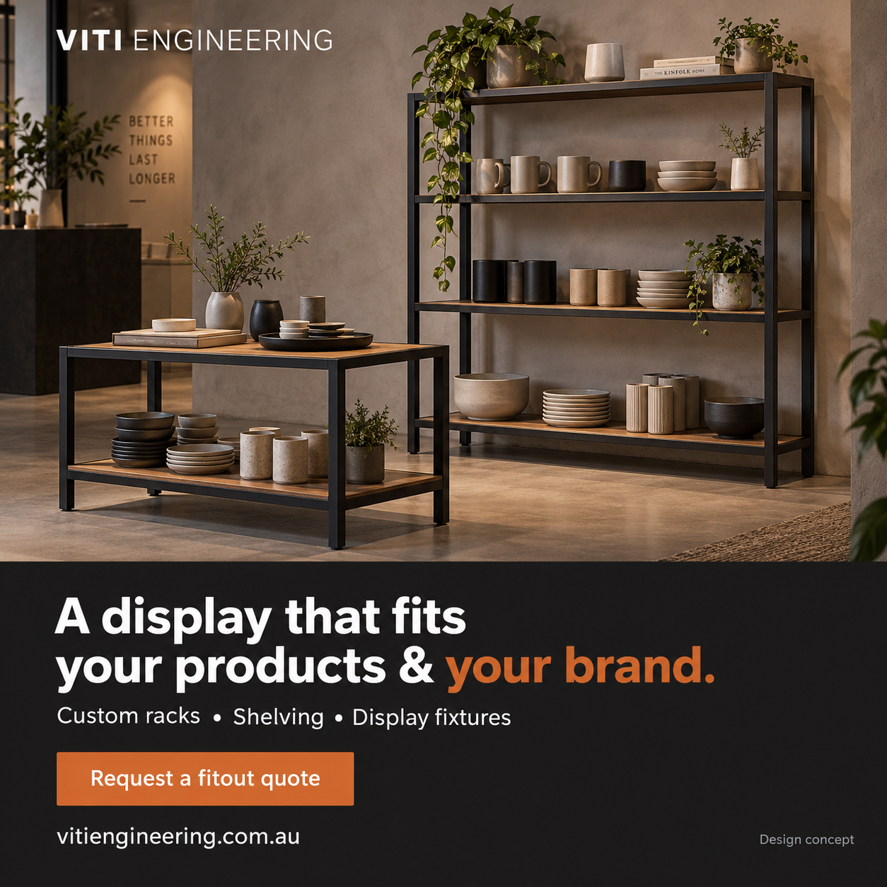Design concept of custom steel and timber retail display fixtures in a boutique cafe setting.