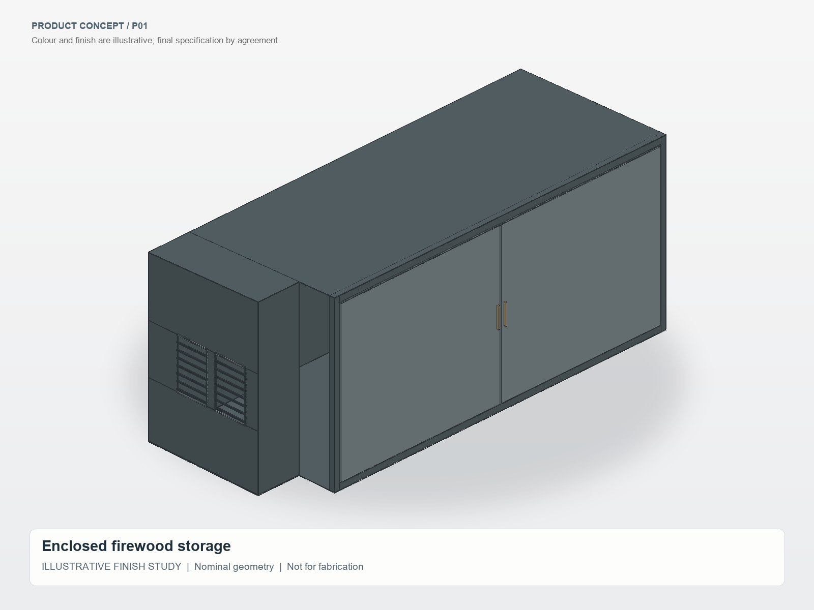CAD finish study of an enclosed metal firewood storage cabinet