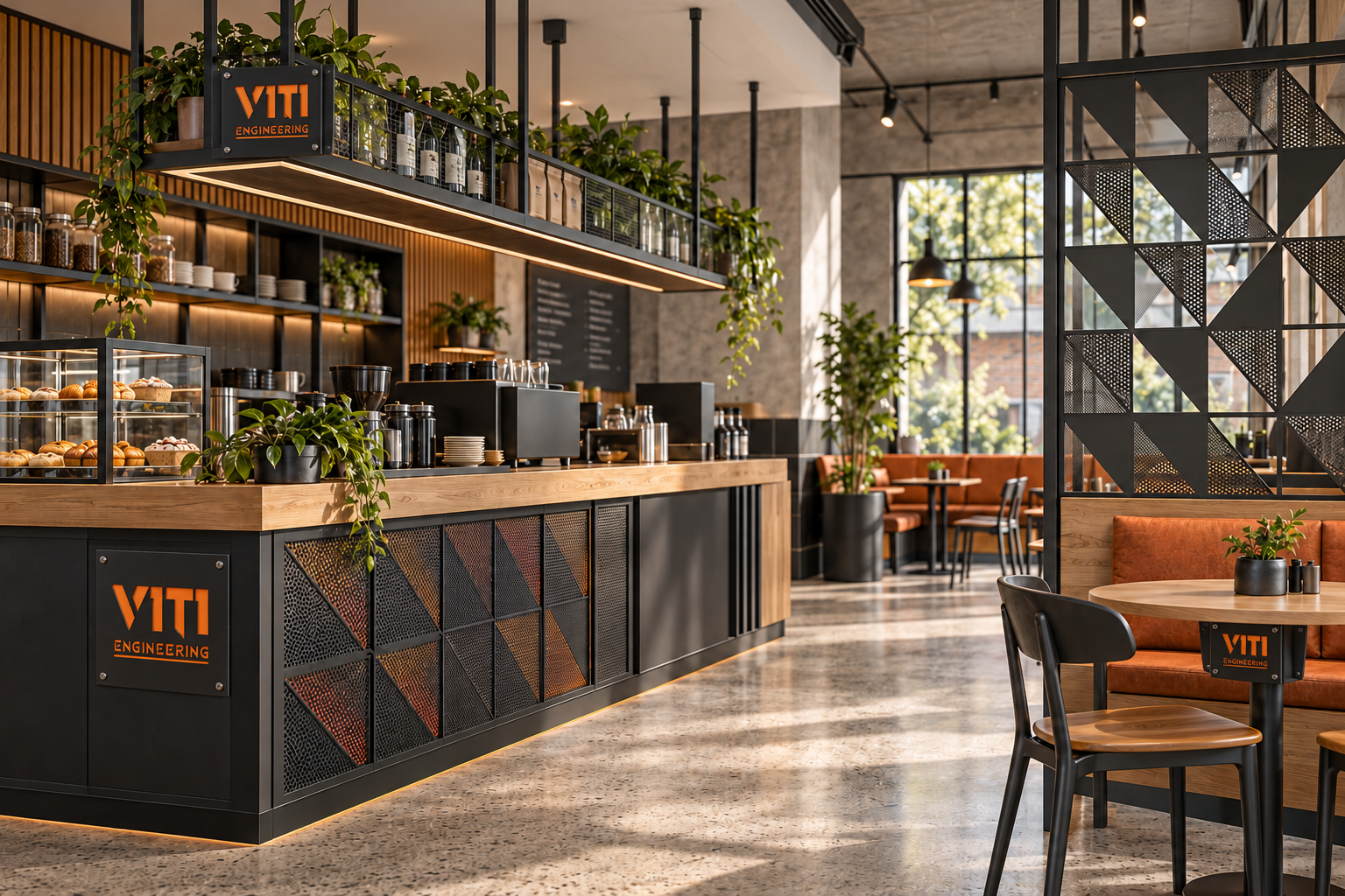Illustrative cafe fitout concept with coordinated metal shelving and furniture