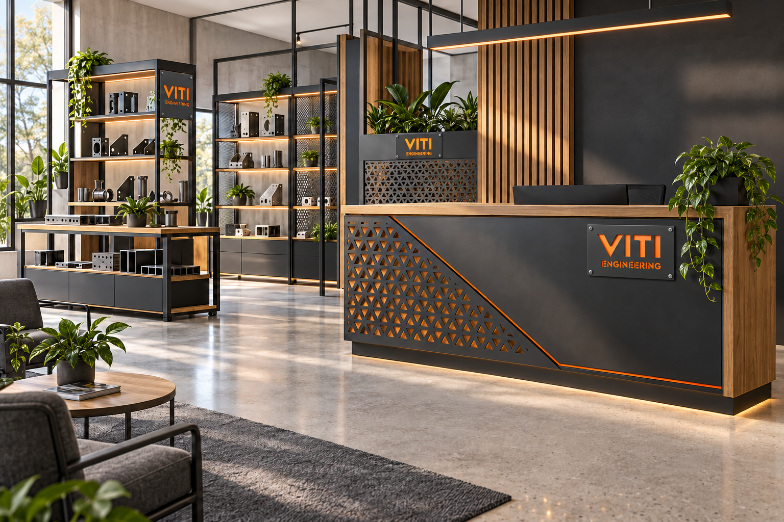Retail shelving + reception system illustrative room concept