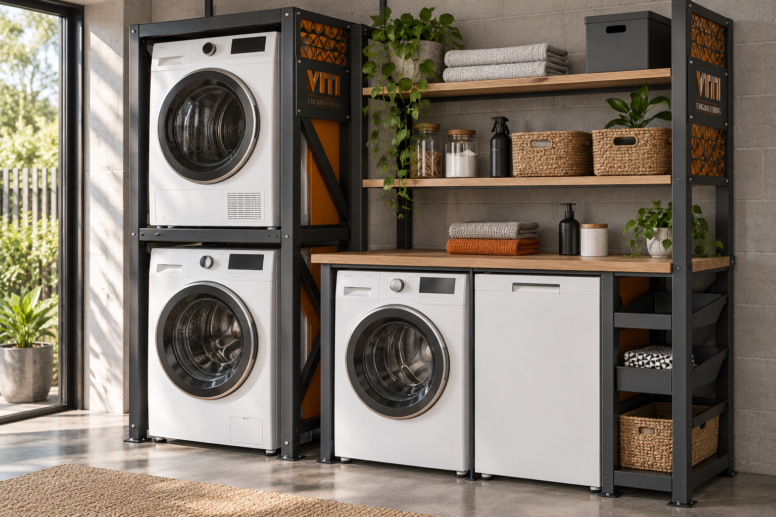 Stacking frame + whole laundry shelving system illustrative room concept