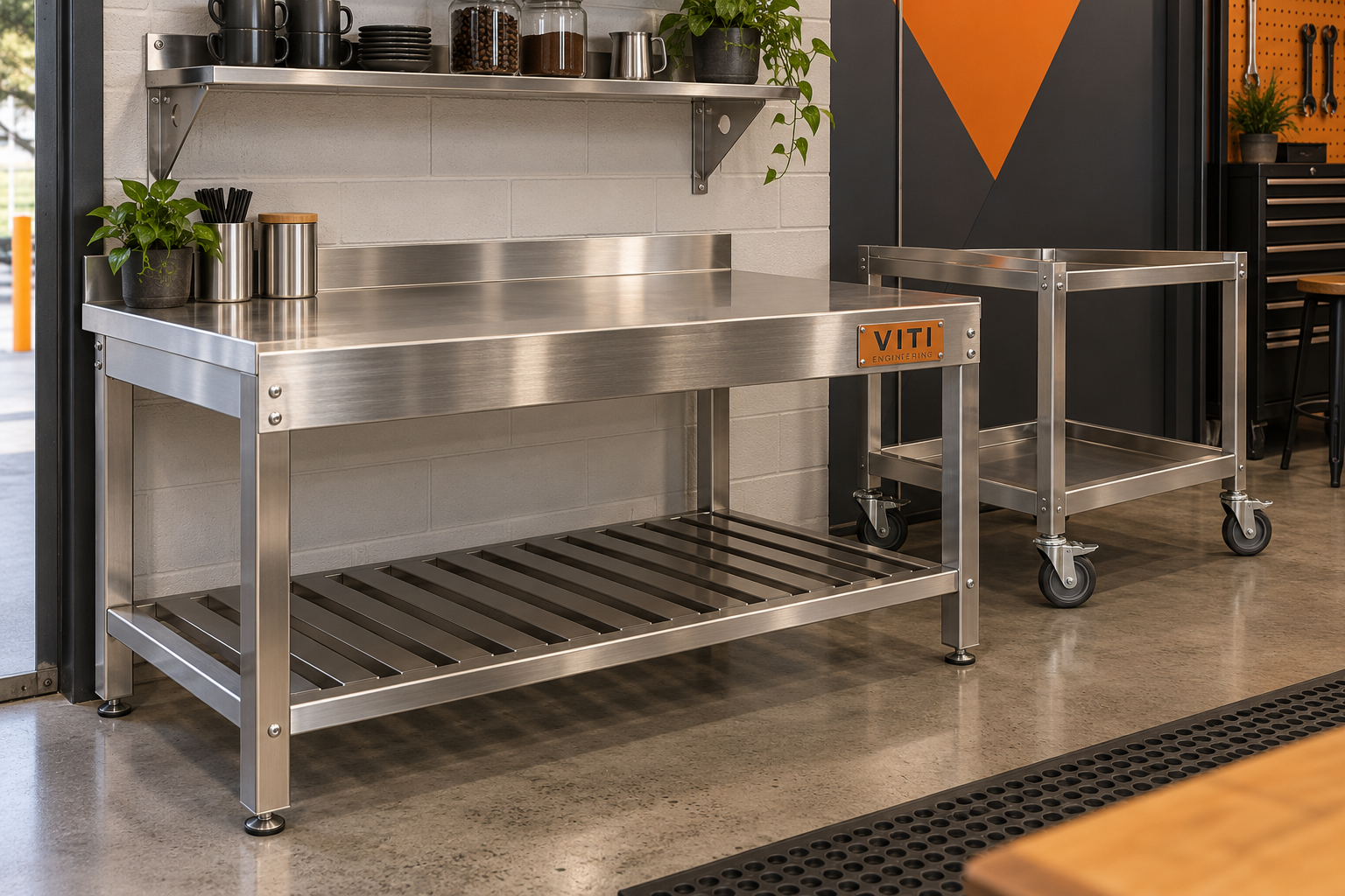 Rendered custom stainless bench shelving and trolley equipment concept