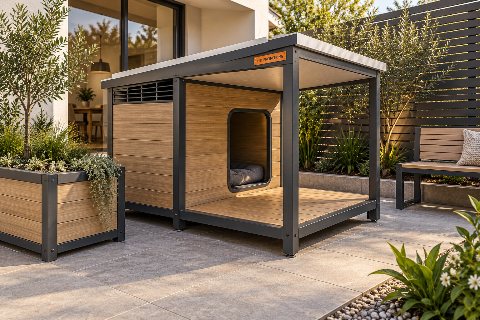 Steel dog house with porch + courtyard system illustrative room concept